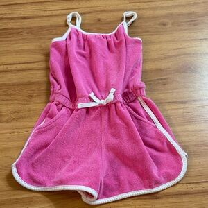 Pink Terry Cloth Girls Romper with White Trim